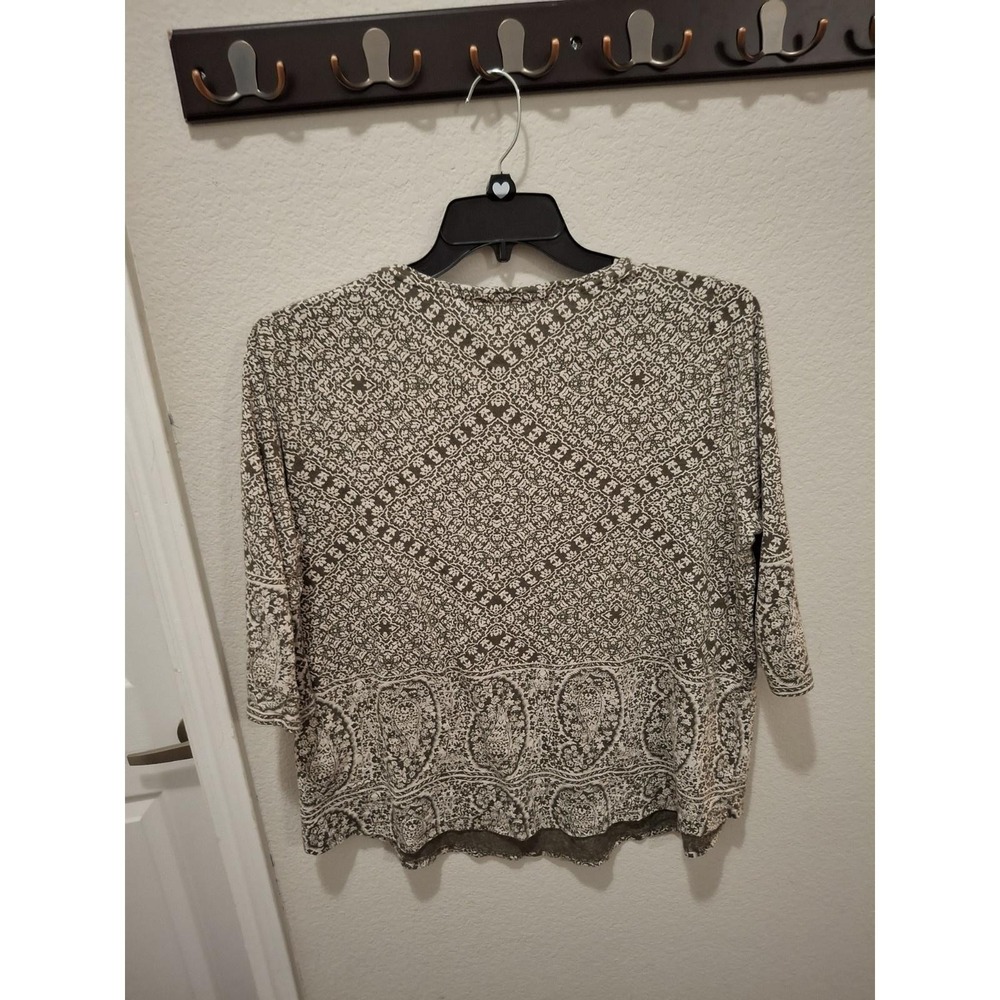 Lucky Brand 1X‎ Olive Green Floral 3/4 Sleeve Bohemian Boho Hippie Blouse - Picture 2 of 6